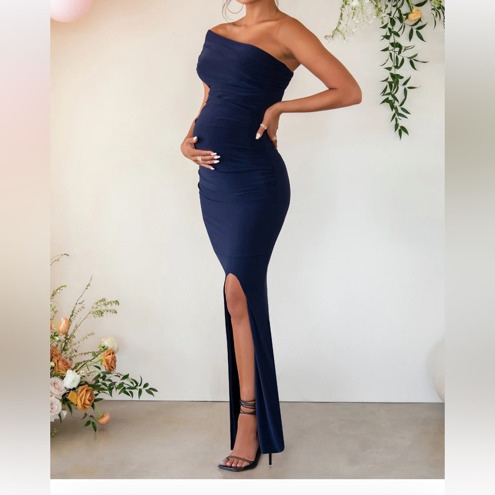 NAVY MATERNITY ONE SHOULDER FISHTAIL MAXI DRESS